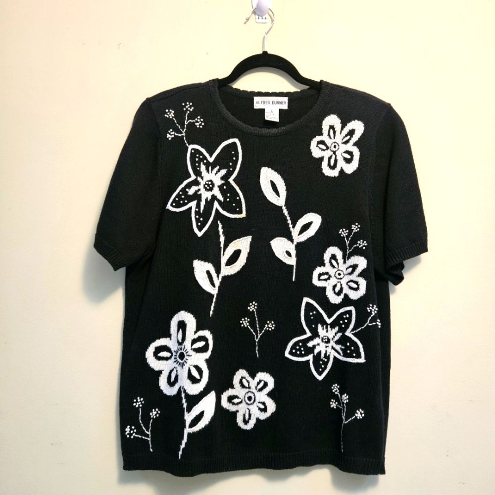 Vintage Alfred Dunner Knit Sweater Women Size L Black White Floral Grandmacore